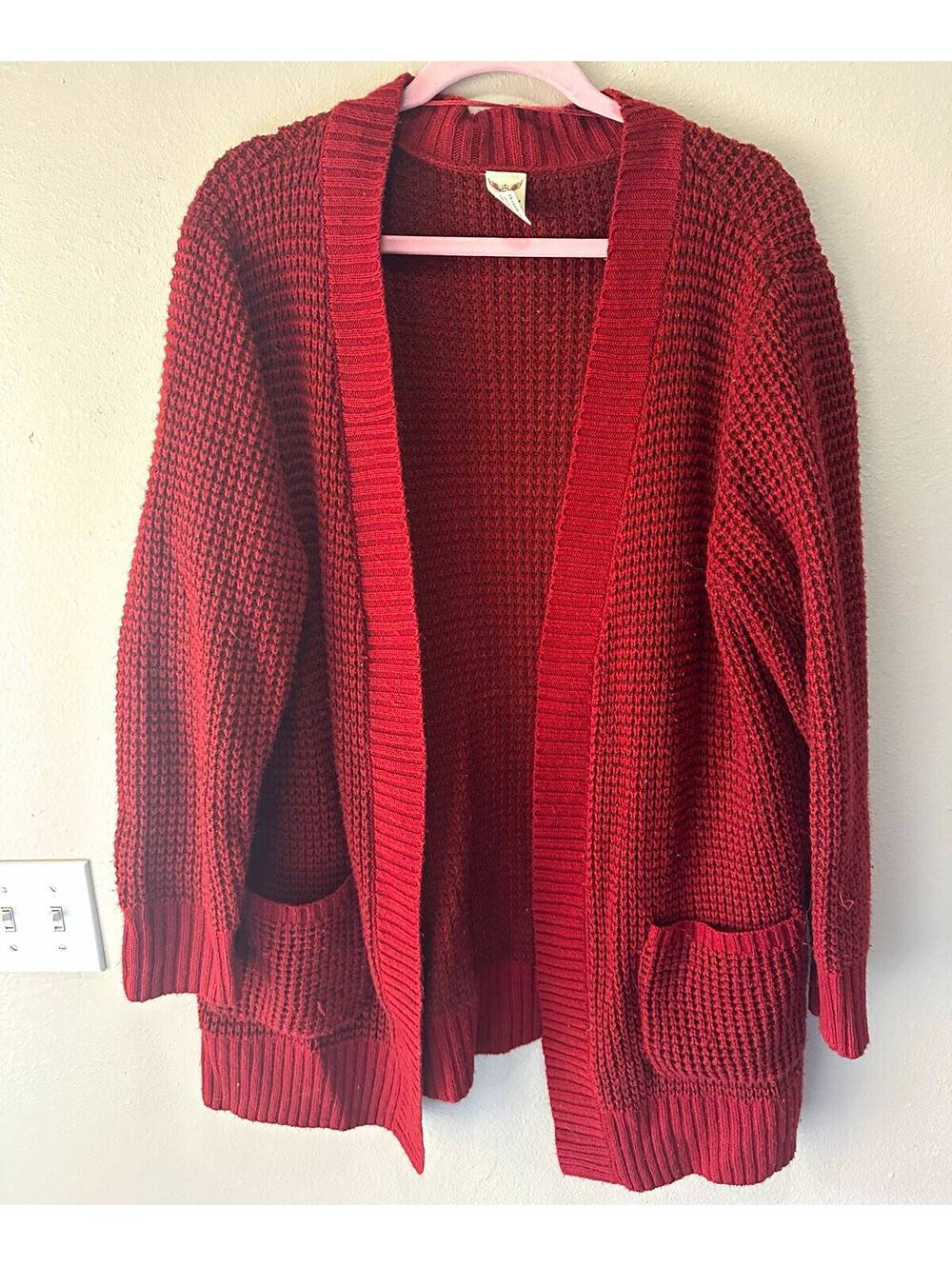 Faded Glory Women's Red Waffle-Knit Open Front Cardigan Sweater Pockets 2XL